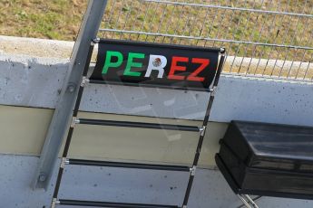 World © Octane Photographic Ltd. Sahara Force India VJM07 – Sergio Perez' pit board. Friday 20th February 2015, F1 Winter testing, Circuit de Barcelona Catalunya, Spain, Day 2. Digital Ref : 1188CB1L6515
