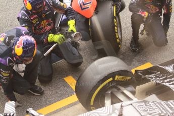 World © Octane Photographic Ltd. Infiniti Red Bull Racing RB11 – Daniel Ricciardo pitstop practice. Friday 20th February 2015, F1 Winter testing, Circuit de Barcelona Catalunya, Spain, Day 2. Digital Ref :1188CB7L5934