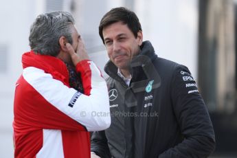 World © Octane Photographic Ltd. Mercedes AMG Petronas - Toto Wolff and Scuderia Ferrari - Maurizio Arrivabene. Friday 20th February 2015, F1 Winter testing, Circuit de Barcelona Catalunya, Spain, Day 2. Digital Ref : 1188CB7L6019