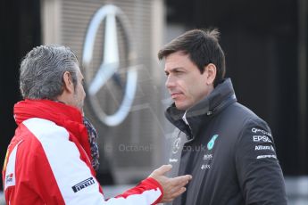 World © Octane Photographic Ltd. Mercedes AMG Petronas - Toto Wolff and Scuderia Ferrari - Maurizio Arrivabene. Friday 20th February 2015, F1 Winter testing, Circuit de Barcelona Catalunya, Spain, Day 2. Digital Ref : 1188CB7L6026