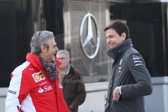 World © Octane Photographic Ltd. Mercedes AMG Petronas - Toto Wolff and Scuderia Ferrari - Maurizio Arrivabene. Friday 20th February 2015, F1 Winter testing, Circuit de Barcelona Catalunya, Spain, Day 2. Digital Ref : 1188CB7L6028