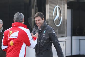 World © Octane Photographic Ltd. Mercedes AMG Petronas - Toto Wolff and Scuderia Ferrari - Maurizio Arrivabene. Friday 20th February 2015, F1 Winter testing, Circuit de Barcelona Catalunya, Spain, Day 2. Digital Ref : 1188CB7L6034