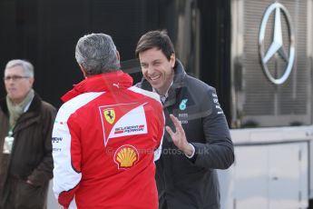World © Octane Photographic Ltd. Mercedes AMG Petronas - Toto Wolff and Scuderia Ferrari - Maurizio Arrivabene. Friday 20th February 2015, F1 Winter testing, Circuit de Barcelona Catalunya, Spain, Day 2. Digital Ref : 1188CB7L6037