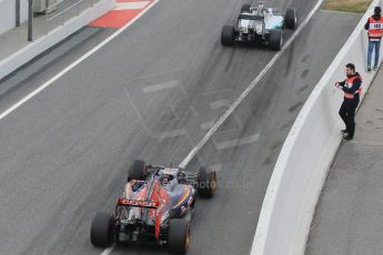 World © Octane Photographic Ltd. Scuderia Toro Rosso STR10 – Max Verstappen and Mercedes AMG Petronas F1 W06 Hybrid – Lewis Hamilton. Saturday 21st February 2015, F1 Winter testing, Circuit de Barcelona Catalunya, Spain, Day 3. Digital Ref: 1190CB1L6903