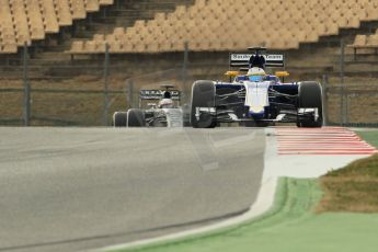 World © Octane Photographic Ltd. Sauber F1 Team C34-Ferrari – Marcus Ericsson and Infiniti Red Bull Racing RB11 – Daniil Kvyat. Thursday 26th February 2015, F1 Winter test #3, Circuit de Barcelona-Catalunya, Spain Test 2 Day 1. Digital Ref : 1192CB1L0497