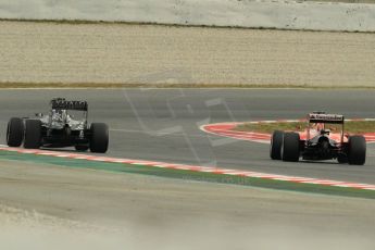 World © Octane Photographic Ltd. Scuderia Ferrari SF15-T– Kimi Raikkonen and Infiniti Red Bull Racing RB11 – Daniil Kvyat. Thursday 26th February 2015, F1 Winter test #3, Circuit de Barcelona-Catalunya, Spain Test 2 Day 1. Digital Ref : 1192CB1L0602