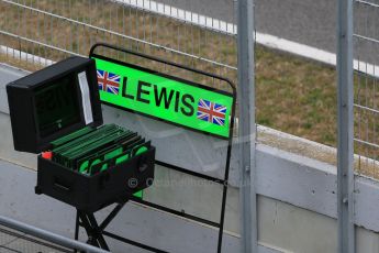 World © Octane Photographic Ltd. Mercedes AMG Petronas F1 W06 Hybrid – Lewis Hamilton pit board. Thursday 26th February 2015, F1 Winter test #3, Circuit de Barcelona-Catalunya, Spain Test 2 Day 1. Digital Ref : 1192LB1D0599