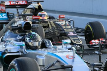 World © Octane Photographic Ltd. Mercedes AMG Petronas F1 W06 Hybrid – Nico Rosberg and Lotus F1 Team E23 Hybrid – Pastor Maldonado. Friday 27th February 2015, F1 Winter test #3, Circuit de Barcelona-Catalunya, Spain Test 2 Day 2. Digital Ref : 1193CB1L0741