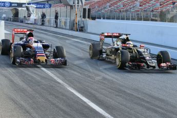 World © Octane Photographic Ltd. Scuderia Toro Rosso STR10 – Max Verstappen and Lotus F1 Team E23 Hybrid – Pastor Maldonado. Friday 27th February 2015, F1 Winter test #3, Circuit de Barcelona-Catalunya, Spain Test 2 Day 2. Digital Ref : 1193CB1L0751