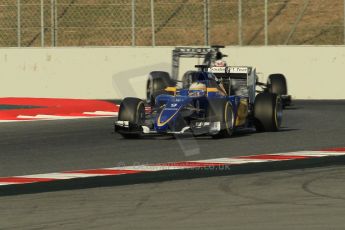 World © Octane Photographic Ltd. Sauber F1 Team C34-Ferrari – Marcus Ericsson and Infiniti Red Bull Racing RB11 – Daniel Ricciardo. Saturday 28th February 2015, F1 Winter test #3, Circuit de Barcelona-Catalunya, Spain Test 2 Day 3. Digital Ref : 1194CB1L2348