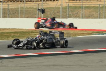 World © Octane Photographic Ltd. Infiniti Red Bull Racing RB11 – Daniel Ricciardo and Scuderia Toro Rosso STR10 – Carlos Sainz Jnr. Saturday 28th February 2015, F1 Winter test #3, Circuit de Barcelona-Catalunya, Spain Test 2 Day 3. Digital Ref : 1194CB1L2926