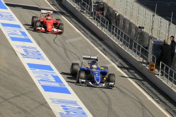 World © Octane Photographic Ltd. Sauber F1 Team C34-Ferrari – Marcus Ericsson and Scuderia Ferrari SF15-T– Kimi Raikkonen. Saturday 28th February 2015, F1 Winter test #3, Circuit de Barcelona-Catalunya, Spain Test 2 Day 3. Digital Ref: 1194CB1L3401