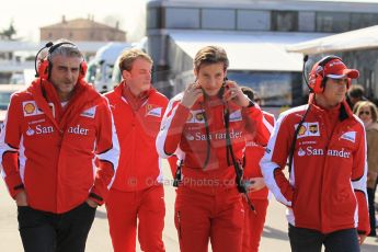 World © Octane Photographic Ltd. Scuderia Ferrari - Maurizio Arrivabene - Team Principle - Esteban Gutierrez - Reserve Driver and Massimo Rivola - Sporting Director. Saturday 28th February 2015, F1 Winter test #3, Circuit de Barcelona-Catalunya, Spain Test 2 Day 3. Digital Ref: 1194CB1L3520