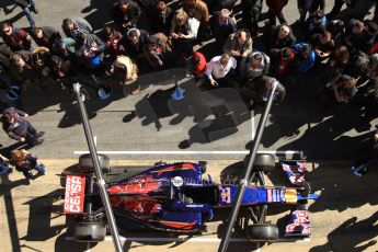 World © Octane Photographic Ltd. Scuderia Toro Rosso STR9 showcar in the pitlane during the fans' pitwalk. Saturday 28th February 2015, F1 Winter test #3, Circuit de Barcelona-Catalunya, Spain Test 2 Day 3. Digital Ref: 1194CB7B1354