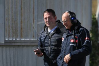 World © Octane Photographic Ltd. Scuderia Toro Rosso STR10 – Max Verstappen father Jos Verstappen with Franz Tost. Saturday 28th February 2015, F1 Winter test #3, Circuit de Barcelona-Catalunya, Spain Test 2 Day 3. Digital Ref: 1194LB1D3053