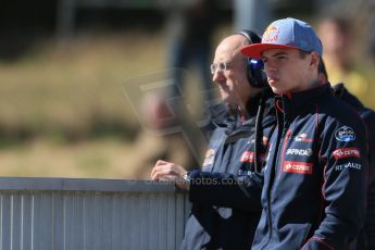 World © Octane Photographic Ltd. Scuderia Toro Rosso STR10 – Max Verstappen talking with Franz Tost. Saturday 28th February 2015, F1 Winter test #3, Circuit de Barcelona-Catalunya, Spain Test 2 Day 4. Digital Ref: 1194LB1D3096