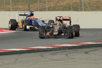 World © Octane Photographic Ltd. Lotus F1 Team E23 Hybrid – Pastor Maldonado and Sauber F1 Team C34-Ferrari – Felipe Nasr. Sunday 1st March 2015, F1 Winter test #3, Circuit de Barcelona-Catalunya, Spain Test 2 Day 4. Digital Ref: 1195CB1L3795