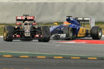 World © Octane Photographic Ltd. Lotus F1 Team E23 Hybrid – Pastor Maldonado and Sauber F1 Team C34-Ferrari – Felipe Nasr. Sunday 1st March 2015, F1 Winter test #3, Circuit de Barcelona-Catalunya, Spain Test 2 Day 4. Digital Ref: 1195CB1L3803