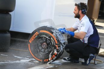 World © Octane Photographic Ltd. Williams Martini Racing FW37 wheel being cleaned. Sunday 1st March 2015, F1 Winter test #3, Circuit de Barcelona-Catalunya, Spain Test 2 Day 4. Digital Ref: 1195CB1L4538