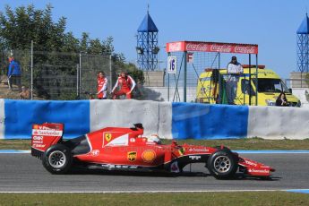 World © Octane Photographic Ltd. Scuderia Ferrari SF-15T– Sebastian Vettel with Esteban Gutierrez watching. Sunday 1st February 2015, Formula 1 Winter testing, Jerez de la Frontera, Spain. Digital Ref: 1180CB1D1547