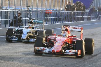 World © Octane Photographic Ltd. Scuderia Ferrari SF-15T – Sebastian Vettel and Mercedes AMG Petronas F1 W06 Hybrid – Lewis Hamilton. Monday 2nd February 2015, Formula 1 Winter testing, Jerez de la Frontera, Spain. Digital Ref : 1182CB1D1609