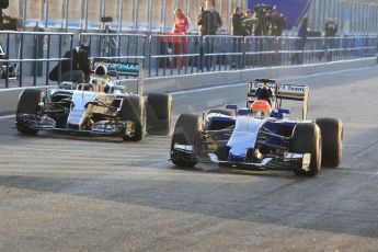 World © Octane Photographic Ltd. Sauber F1 Team C34-Ferrari – Felipe Nasr and Mercedes AMG Petronas F1 W06 Hybrid – Lewis Hamilton. Monday 2nd February 2015, Formula 1 Winter testing, Jerez de la Frontera, Spain. Digital Ref : 1182CB1D1621
