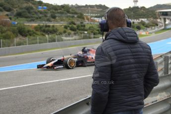 World © Octane Photographic Ltd. Scuderia Toro Rosso STR10 – Max Verstappen being watched by father Jos. Monday 2nd February 2015, Formula 1 Winter testing, Jerez de la Frontera, Spain. Digital Ref: 1182CB7D9675