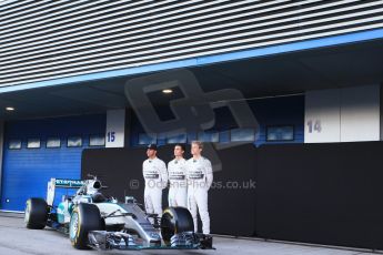 World © Octane Photographic Ltd. Mercedes AMG Petronas F1 W06 Hybrid launch - Lewis Hamilton, Nico Rosberg and Pascal Wehrlein. Sunday 1st February 2015, Formula 1 Winter testing, Jerez de la Frontera, Spain. Digital Ref : 1181LB1D1122