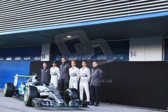 World © Octane Photographic Ltd. Mercedes AMG Petronas F1 W06 Hybrid launch - Lewis Hamilton, Nico Rosberg and Pascal Wehrlein. Sunday 1st February 2015, Formula 1 Winter testing, Jerez de la Frontera, Spain. Digital Ref : 1181LB1D1128