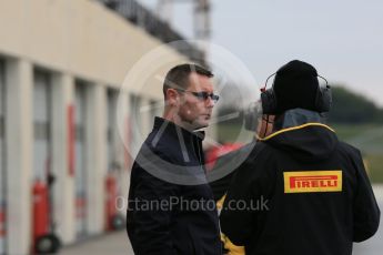 World © Octane Photographic Ltd. Pirelli wet tyre test, Paul Ricard, France. Monday 25th January 2016. Pirelli and FIA personnel talk. Digital Ref: 1498LB5D5147