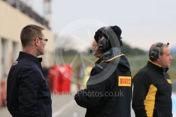 World © Octane Photographic Ltd. Pirelli wet tyre test, Paul Ricard, France. Monday 25th January 2016. Pirelli and FIA personnel talk. Digital Ref: 1498LB5D5150