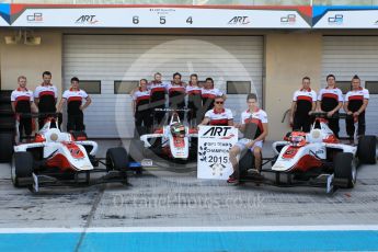 World © Octane Photographic Ltd. Thursday 26th November 2015. ART Grand Prix GP3 Team Champions, Esteban Ocon and Marvin Kirchhofer (Alfonso Celis Jr. was a no-show at the shoot). Yas Marina, Abu Dhabi. Digital Ref. : 1473CB1L3888