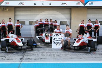 World © Octane Photographic Ltd. Thursday 26th November 2015. ART Grand Prix GP3 Team Champions, Esteban Ocon and Marvin Kirchhofer (Alfonso Celis Jr. was a no-show at the shoot). Yas Marina, Abu Dhabi. Digital Ref. : 1473CB1L3890