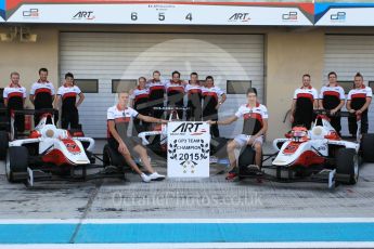 World © Octane Photographic Ltd. Thursday 26th November 2015. ART Grand Prix GP3 Team Champions, Esteban Ocon and Marvin Kirchhofer (Alfonso Celis Jr. was a no-show at the shoot). Yas Marina, Abu Dhabi. Digital Ref. : 1473CB1L3901