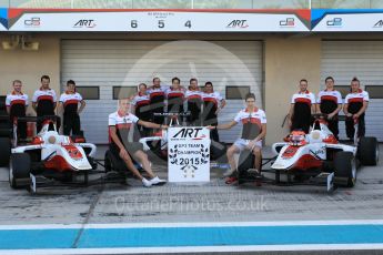World © Octane Photographic Ltd. Thursday 26th November 2015. ART Grand Prix GP3 Team Champions, Esteban Ocon and Marvin Kirchhofer (Alfonso Celis Jr. was a no-show at the shoot). Yas Marina, Abu Dhabi. Digital Ref. : 1473CB1L3915