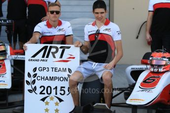 World © Octane Photographic Ltd. Thursday 26th November 2015. ART Grand Prix GP3 Team Champions, Esteban Ocon and Marvin Kirchhofer (Alfonso Celis Jr. was a no-show at the shoot). Yas Marina, Abu Dhabi. Digital Ref. : 1473CB7D1388