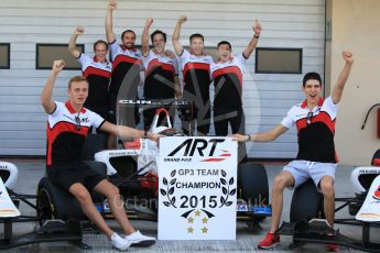 World © Octane Photographic Ltd. Thursday 26th November 2015. ART Grand Prix GP3 Team Champions, Esteban Ocon and Marvin Kirchhofer (Alfonso Celis Jr. was a no-show at the shoot). Yas Marina, Abu Dhabi. Digital Ref. : 1473CB7D1409