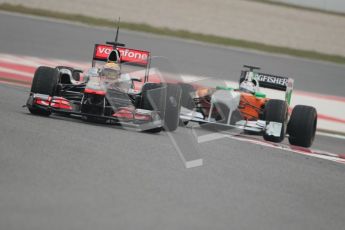 © Octane Photographic 2011. Formula 1 testing Sunday 20th February 2011 Circuit de Catalunya. McLaren MP4/26 - Lewis Hamilton, Force India VJM04 - Adrian Sutil. Digital ref : 0010CB1D1915