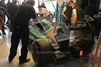 World © Octane Photographic 2011. Formula 1 testing Wednesday 9th March 2011 Circuit de Catalunya. Lotus garage. Lotus T124 - Jarno Trulli. Digital ref : 0020CB5D5728