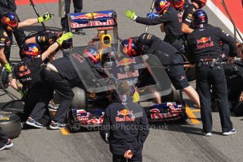 World © Octane Photographic 2011. Formula 1 testing Wednesday 9th March 2011 Circuit de Catalunya. Red Bull RB7 - Sebastian Vettel. Pit stop. Digital ref : 0020LW7D0648