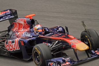 World © Octane Photographic 2011. Formula 1 testing Tuesday 8th March 2011 Circuit de Catalunya. Toro Rosso STR6 - Sebastien Buemi suffering a front left puncture on the new for 2011 Pirelli tyres. Digital ref : 0017LW7D6364