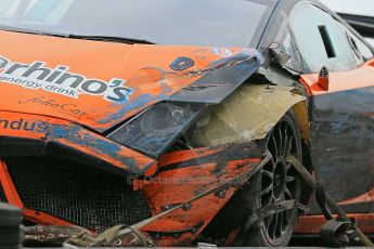 World © Octane Photographic Ltd. Donington Park Un-silenced general test day Friday 15th February 2013. Rhino's Leimer Motorsport Lamborghini Gallardo LP600 returns to the pits on a flatbed after its off at McLeans. Digital Ref :  0575cb1d0892