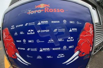 World © Octane Photographic Ltd. F1 Spanish GP Thursday 9th May 2013. Toro Rosso logo and sponsors. Paddock and pitlane. Digital Ref : 0654cb1d7992