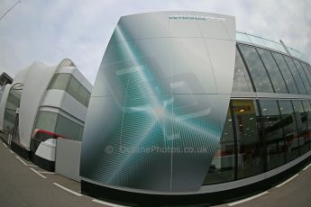 World © Octane Photographic Ltd. F1 Spanish GP Thursday 9th May 2013. Mercedes AMG Petronas paddock building. Paddock and pitlane. Digital Ref : 0654cb1d7996