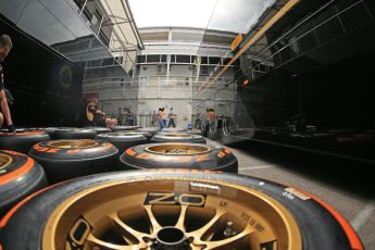 World © Octane Photographic Ltd. F1 Spanish GP Thursday 9th May 2013. Paddock and pitlane. Lotus preparing tyres. Digital Ref : 0654cb1d8006