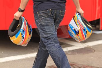 World © Octane Photographic Ltd. F1 Spanish GP Thursday 9th May 2013. Paddock and pitlane. Scuderia Ferrari - Fernando Alonso's helmets arrive. Digital Ref : 0654cb7d8384