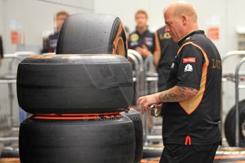 World © Octane Photographic Ltd. F1 Spanish GP Thursday 9th May 2013. Paddock and pitlane. Lotus Pirelli tyre preparation. Digital Ref : 0654cb7d8424