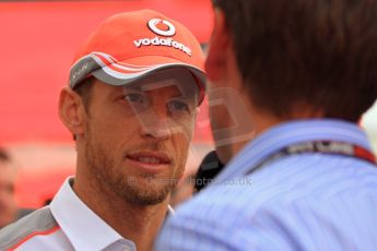 World © Octane Photographic Ltd. F1 Spanish GP Thursday 9th May 2013. Paddock and pitlane. Vodafone McLaren Mercedes - Jenson Button being interviewed by Sky Sports F1. Digital Ref : 0654cb7d8719