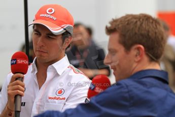 World © Octane Photographic Ltd. F1 Spanish GP Thursday 9th May 2013. Paddock and pitlane. Vodafone McLaren Mercedes - Sergio Perez being interviewed by Anthony Davidson of Sky Sports F1. Digital Ref : 0654cb7d8727