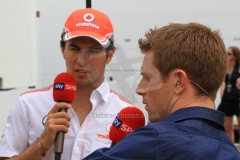 World © Octane Photographic Ltd. F1 Spanish GP Thursday 9th May 2013. Paddock and pitlane. Vodafone McLaren Mercedes - Sergio Perez being interviewed by Anthony Davidson of Sky Sports F1. Digital Ref : 0654cb7d8734